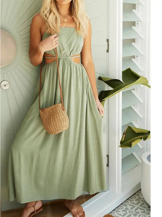 Lace-up Waist Collar Sling Cotton and Linen Dress